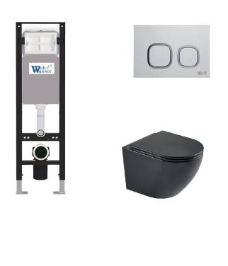 Унитаз с инсталляцией WeltWasser AMBERG 350 + HEIMBACH 043 MT-BL + AMBERG RD-WT черный матовый/кнопка белая-хром