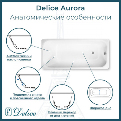 Delice Aurora 170х70 (в комплекте ванна с ручками хром, без ножек и слива-перелива)