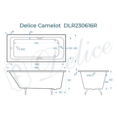 Delice Camelot 180х80 (в комплекте ванна с ручками хром, без ножек и слива-перелива)