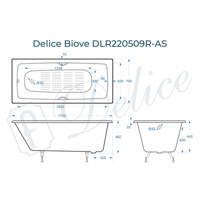 Delice Biove 170х75 с ручками и антискользящим покрытием (в комплекте только ванна, без ножек и слива-перелива)